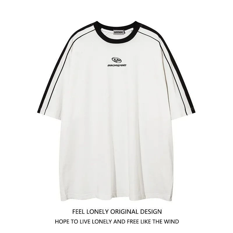 美式复古设计感大码300斤宽松条纹短袖t恤男女百搭情侣宽松上衣夏