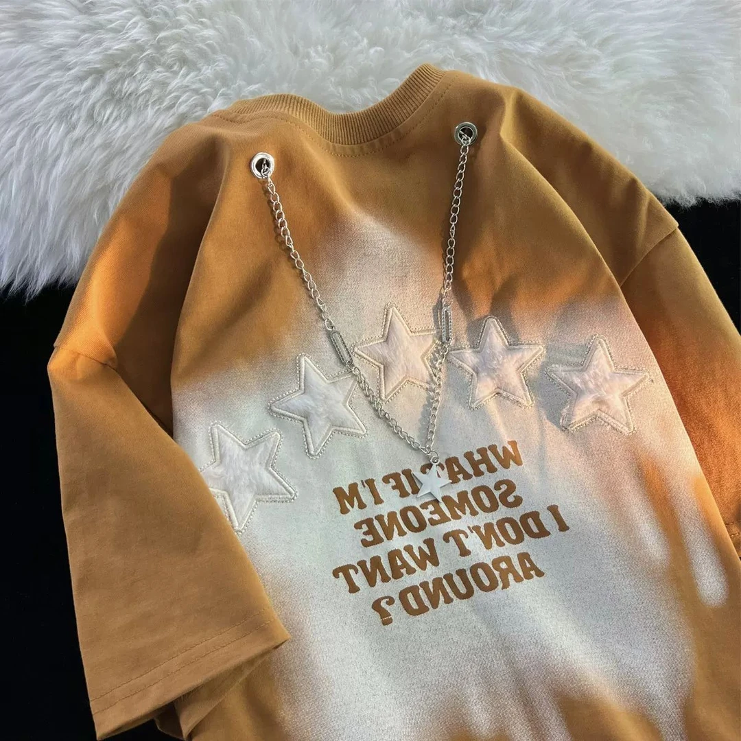 大码300斤美式复古高街星星短袖t恤男女情侣夏宽松欧美风潮牌上衣