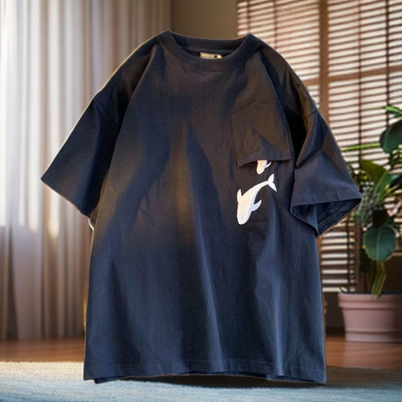 日系简约设计感海豚刺绣短袖t恤男女情侣大码300斤宽松百搭上衣夏