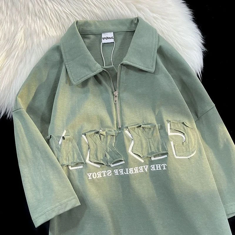 美式复古贴布字母半拉链polo衫男女情侣慵懒风大码宽松短袖t恤潮