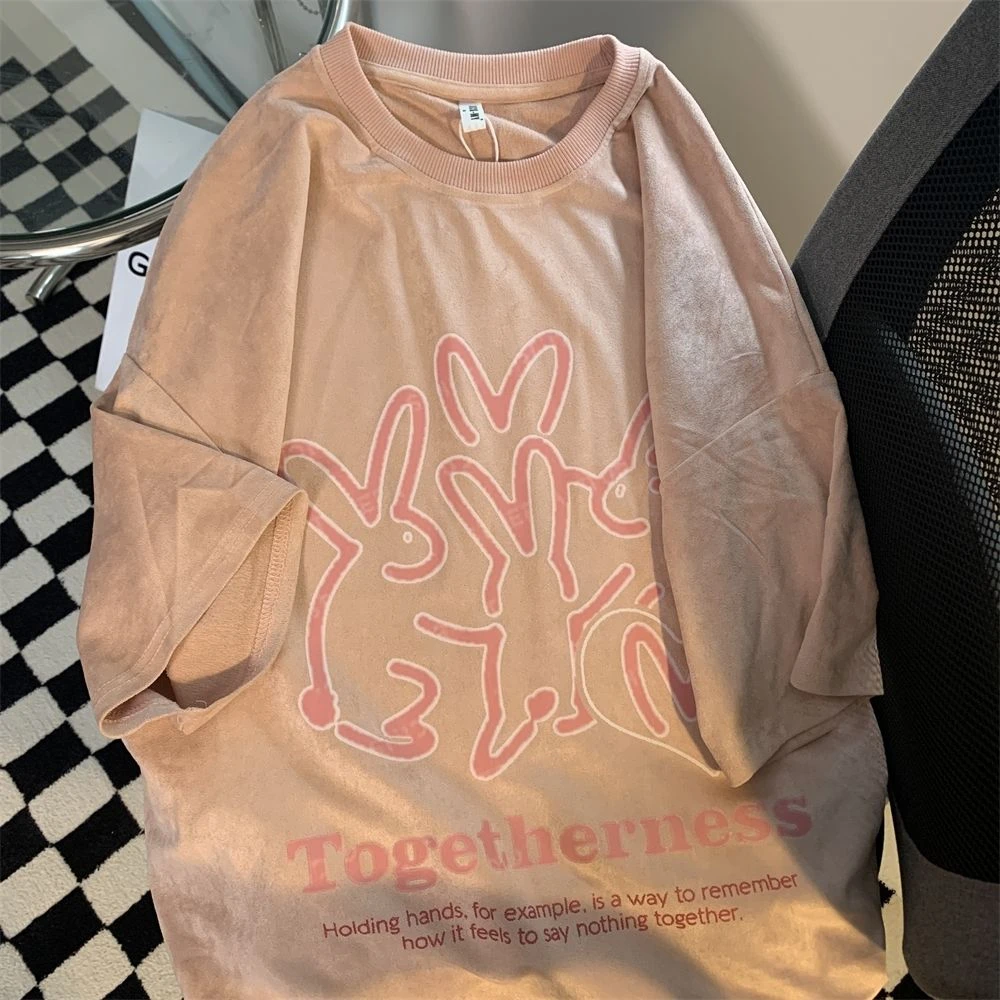 2025夏欧美复古潮牌兔子印花短袖T恤男女宽松ins百搭圆领情侣上衣