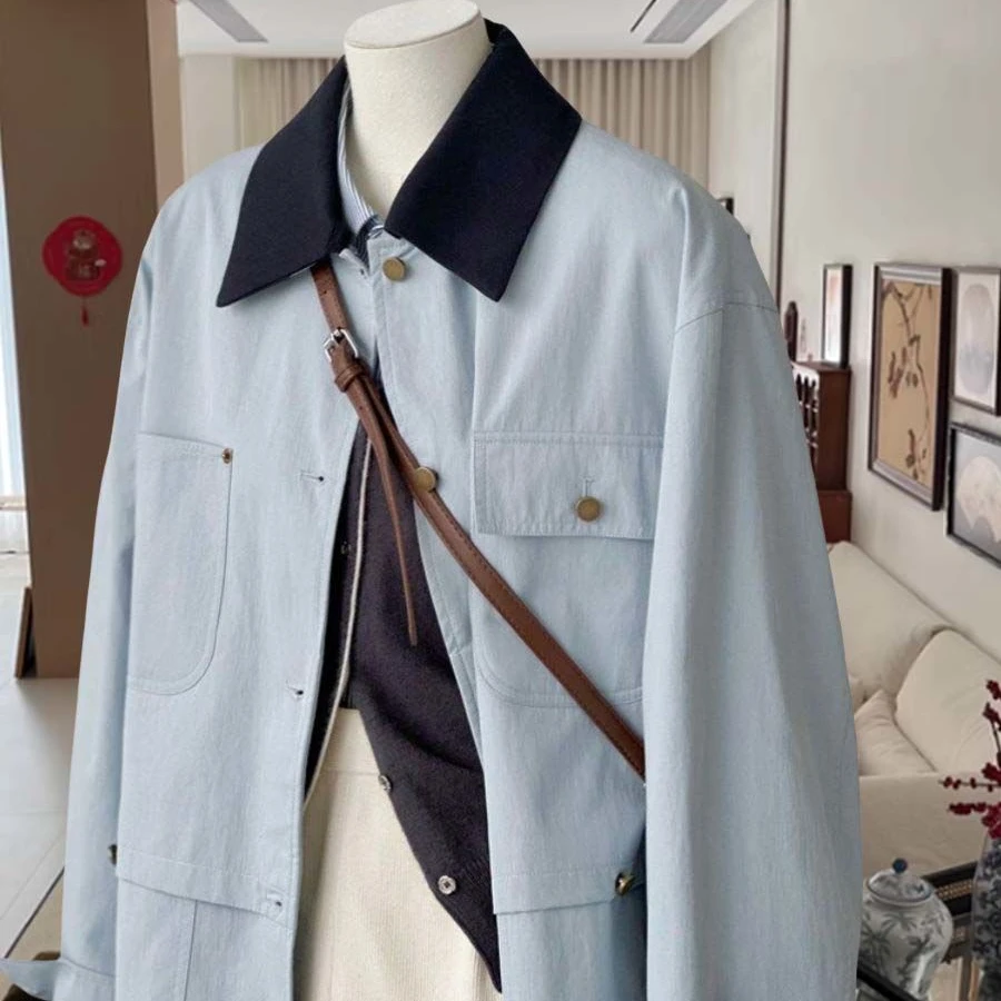 特大码美式复古高级感时尚百搭开衫衬衫领男女宽松情侣中长款外套