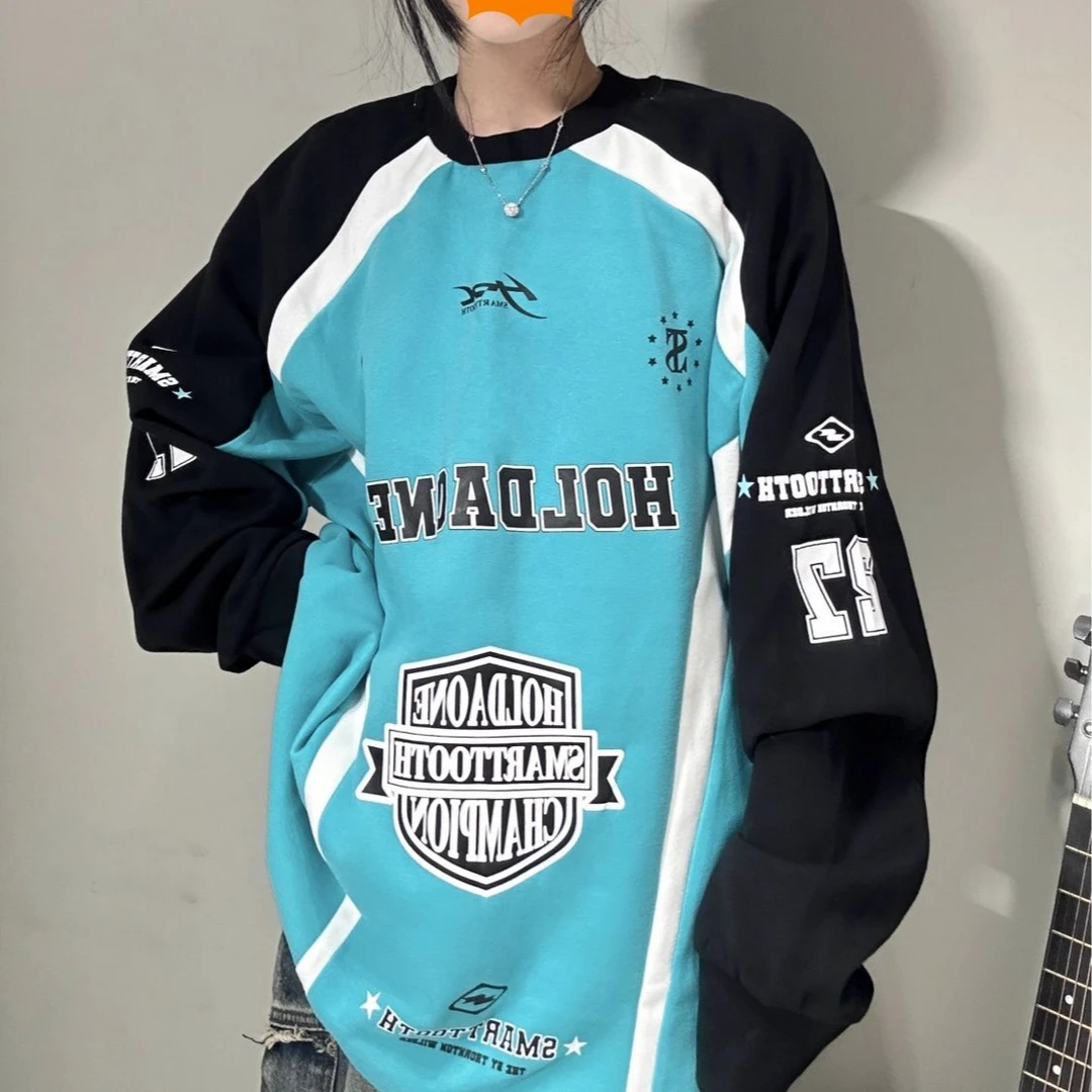 时尚复古百搭印花运动宽松无帽卫衣秋冬季时尚潮流大码撞色上衣