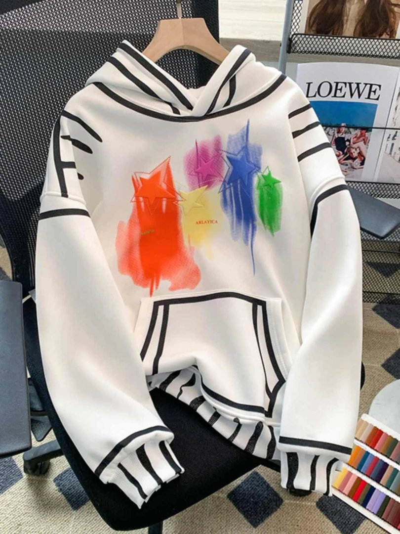 加绒加厚秋冬款大码美式男女新款涂鸦连帽卫衣宽松情侣外套气质