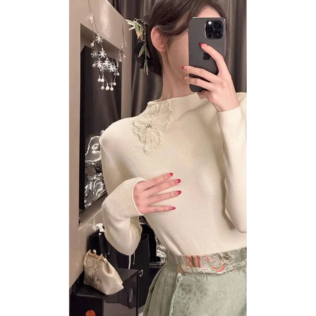 【雅乔定制】江山如画 手工钉珠花片半高领针织打底衫DYTH-23113101