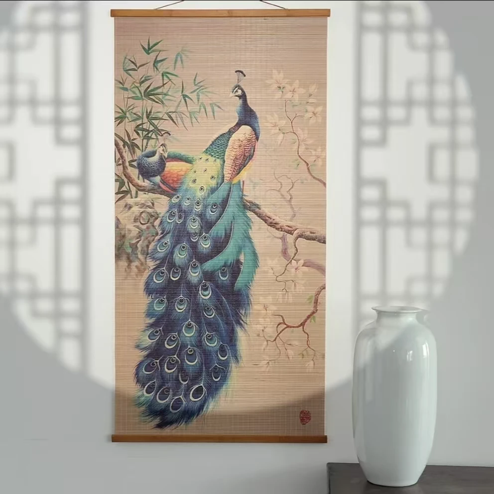 【孔雀】竹丝画中式客厅书房复古卷轴挂画茶室餐厅过道装饰画