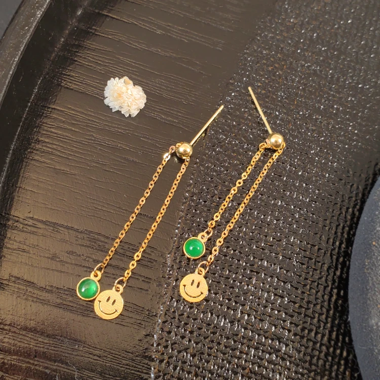 18K金翡翠流苏抽拉笑脸豆豆耳环耳钉 G3742