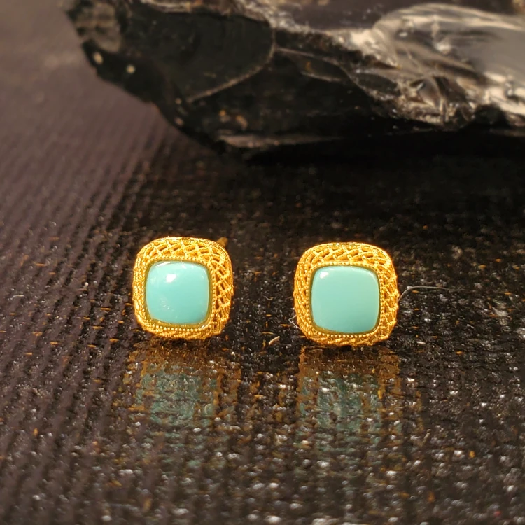 18K金绿松花丝糖塔耳钉耳环  G3758