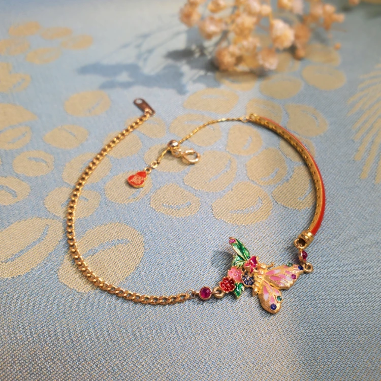 18K金烧蓝蝴蝶古巴链半镯半链手链 国潮设计感G5970