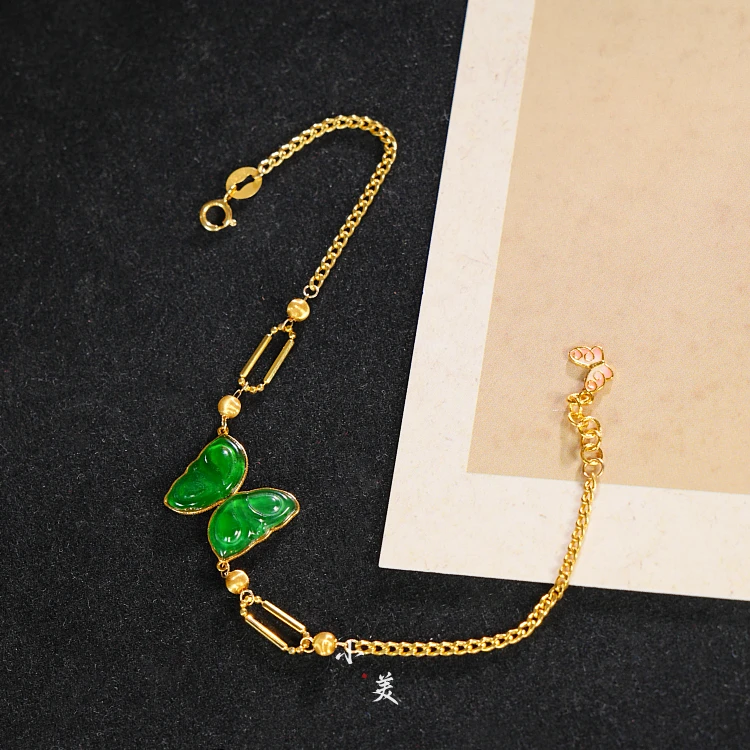 18K金翡翠蝴蝶古巴手链（多样性发货）G9514