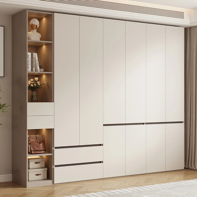 衣柜分段免拉手法式奶油风家用卧室拉丝木纹色简约现代经济大衣橱