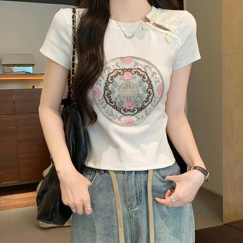 2024年夏季 95棉短袖T恤女新中式国风盘扣圆领收腰紧身气质上衣女