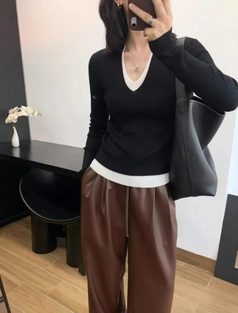 显瘦V领拼色假两件长袖毛针织衫百搭上衣