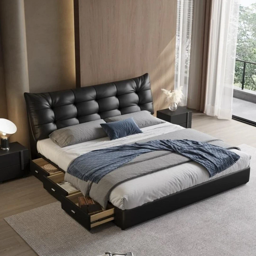 大黑熊意式极简大气真皮床高箱现代简约双人主卧1.8米小户型齐边