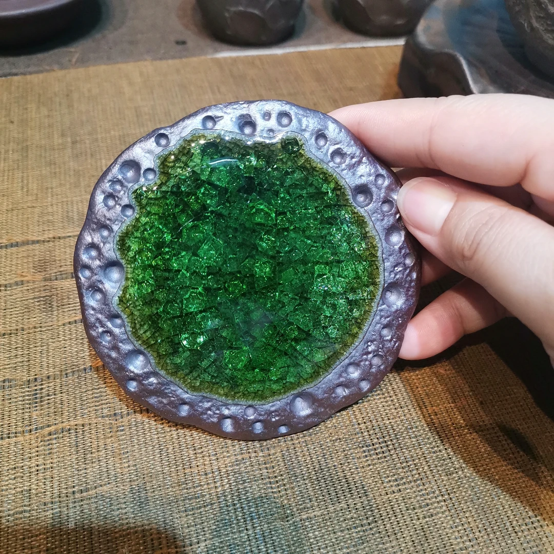 暖小瓷海洋之心翡翠绿 结晶石壶承杯垫原矿粗陶手工壶垫杯垫茶道