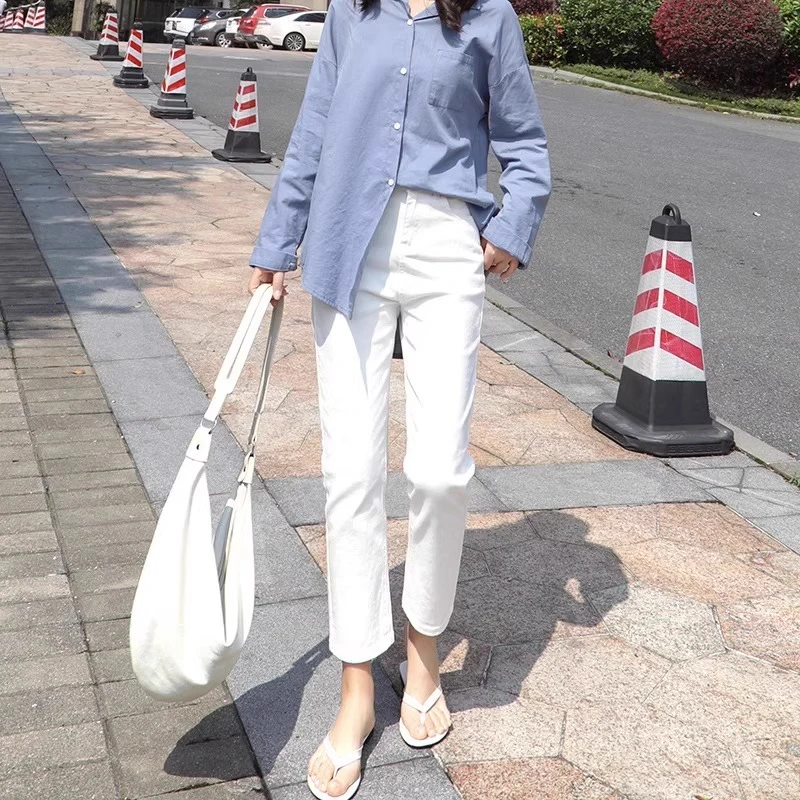 白色烟管直筒牛仔裤女2025年春秋新款秋季高腰显瘦小个子女士裤子