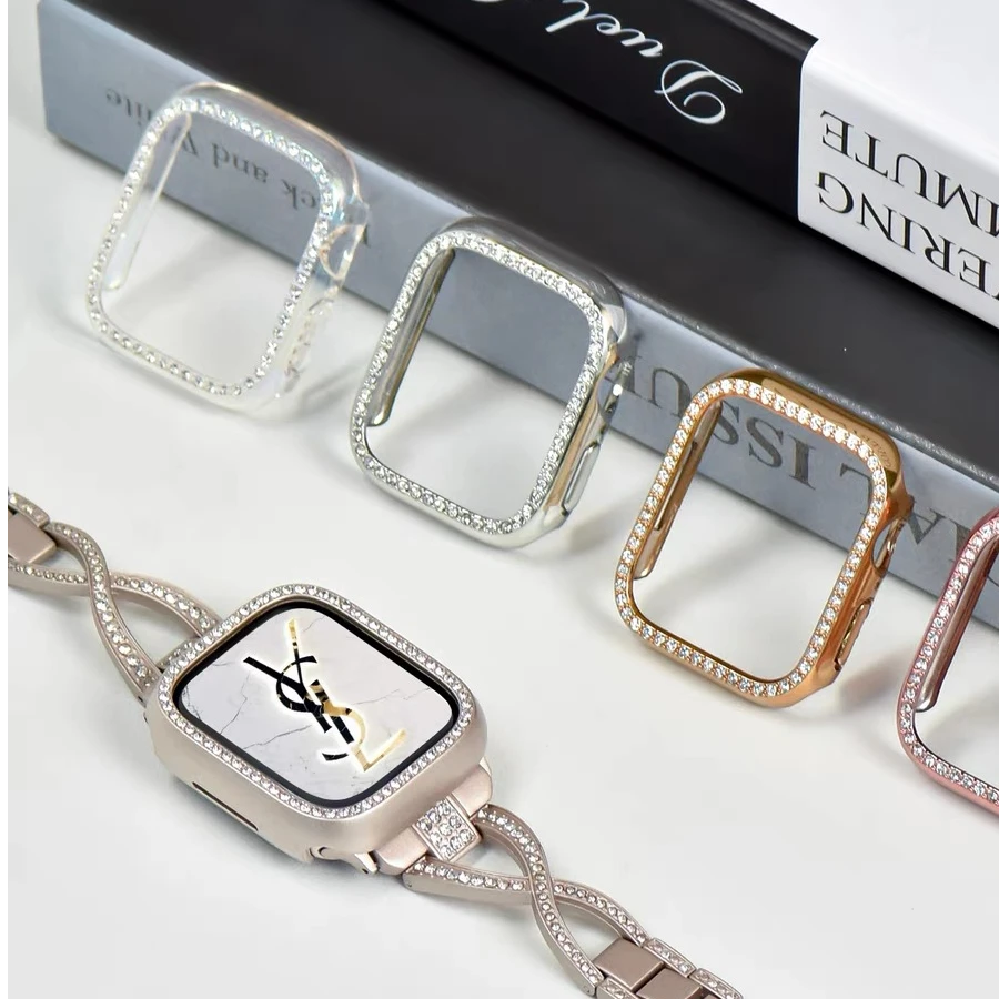 适用苹果s11手表壳iwatchs10镂空单排镶钻s9防摔se保护壳半包硬壳