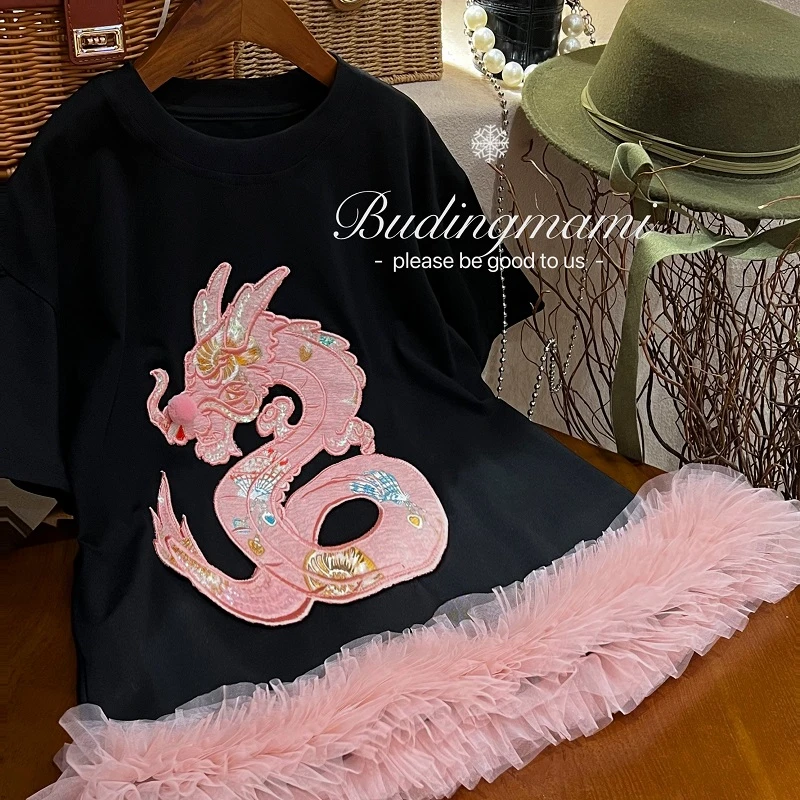 【小龙龙】女童连衣裙夏装短袖夏季百搭上衣洋气圆领短款清新