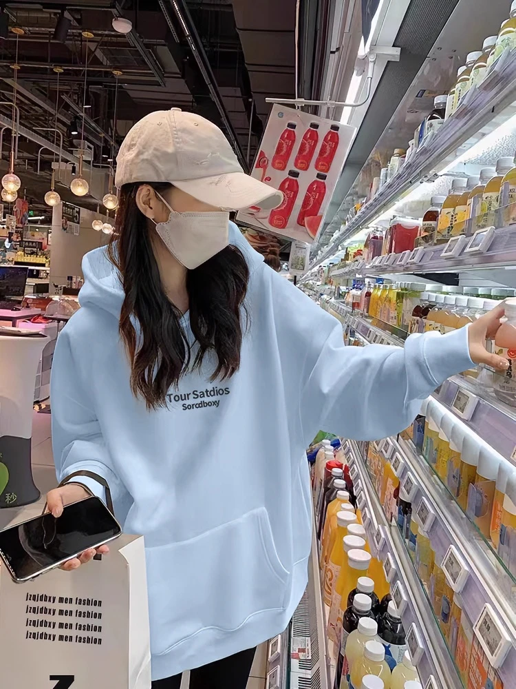 奶蓝色加绒加厚连帽卫衣女2023年新款秋冬爆款洋气宽松设计感外套