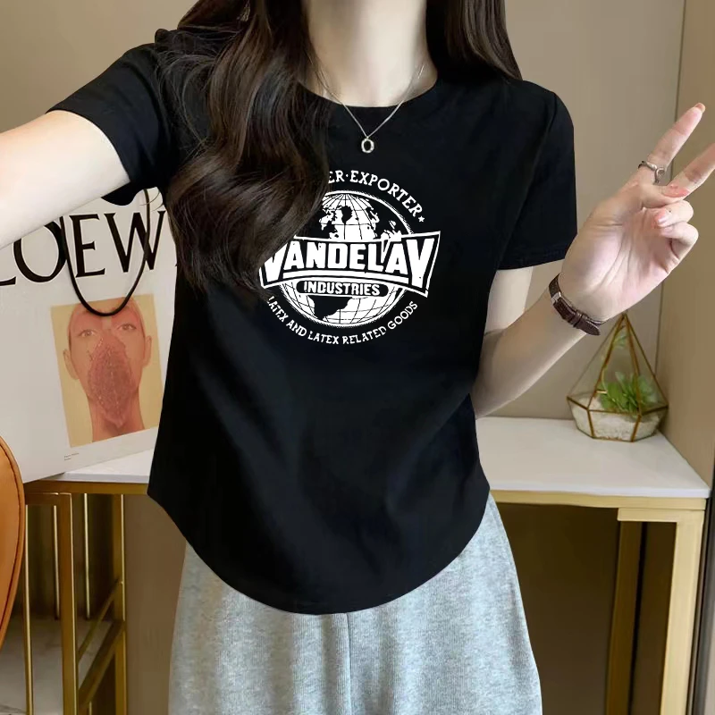 设计感小众圆弧下摆正肩短袖T恤女学生夏季新款修身显瘦印花上衣