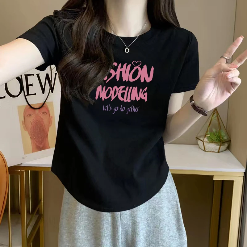 设计感小众圆弧下摆修身显瘦T恤女士夏季纯欲风辣妹正肩短袖上衣