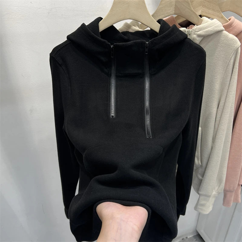 双拉链德绒连帽卫衣女2024秋冬新款设计感小众保暖打底帽衫上衣潮