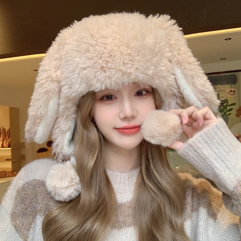 【玟悦】白色毛绒卡通兔耳朵雷锋帽女减龄甜美可爱护耳保暖套头帽