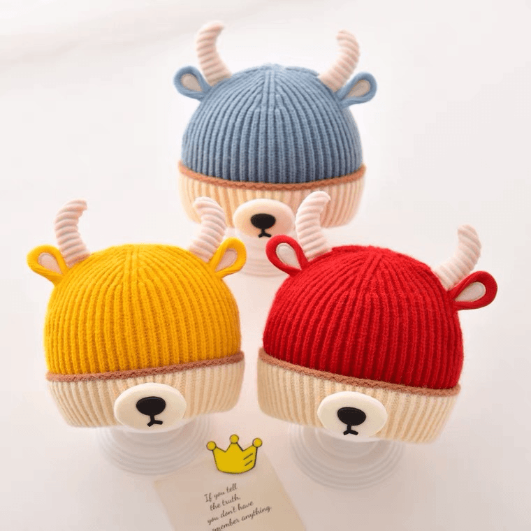 【玟悦】冬季针织毛线帽可爱牛宝宝保暖防风男女童秋冬套头帽儿童