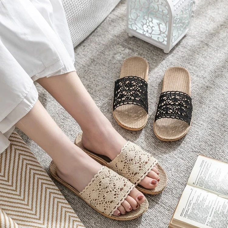 网红蕾丝女士凉编织防滑地板女外穿亚麻亚麻拖鞋女家居室内