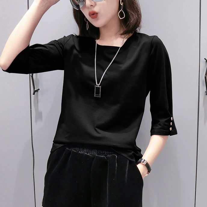 欧洲站2025年秋季正肩女装新款韩版宽松七分袖t恤女打底纯棉上衣