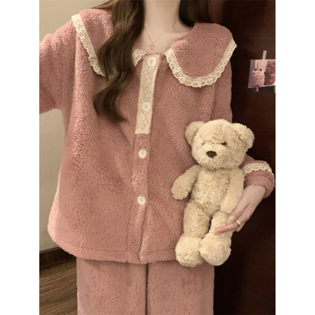 2024年新款珊瑚绒简约高级睡衣女冬季加绒加厚公主风可外穿家居服