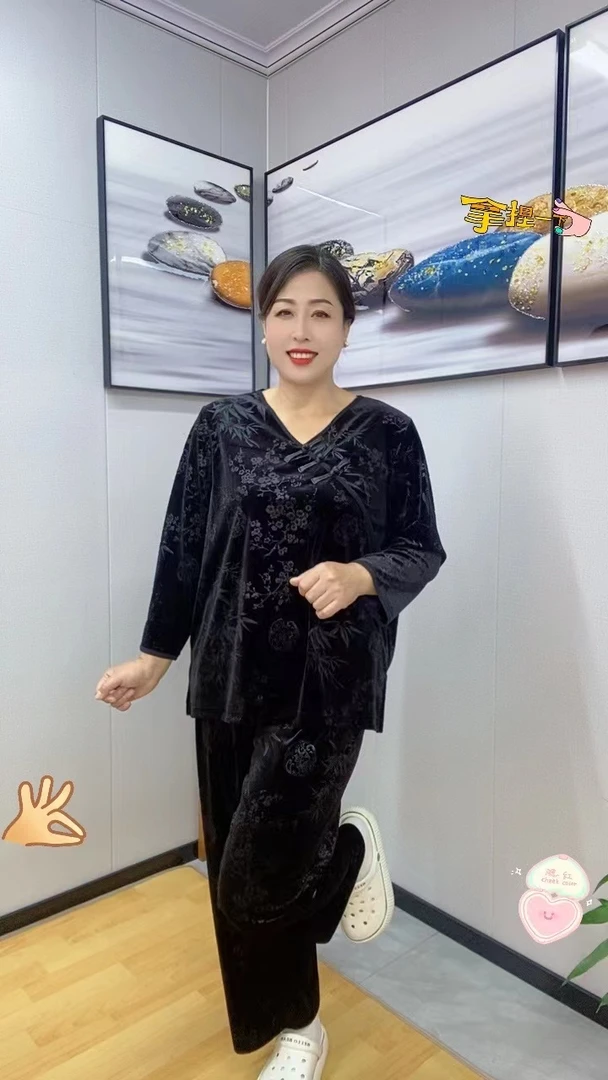 家居服女士新中式国风金丝绒盘扣洋气大码时尚宽松百搭两件套套装