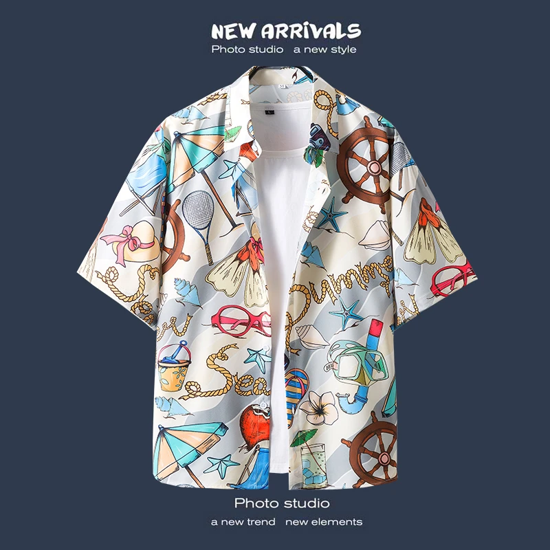 夏季潮牌花衬衫男潮流夏威夷短袖衬衣薄款青少年休闲上衣情侣衣服