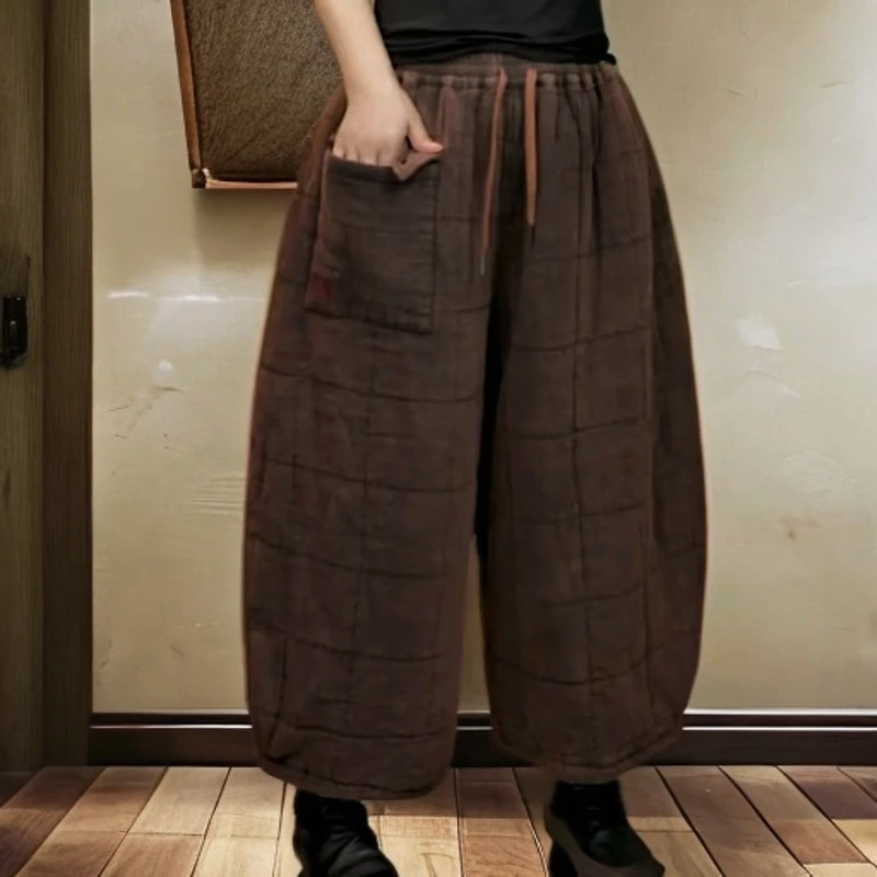 秋冬宽松亚麻中式炒色压格休闲百搭纯色阔腿裤（长80穿90-150斤）