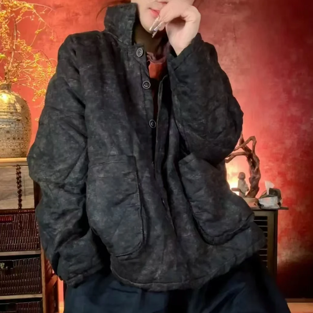 秋冬苎麻炒花做旧大口袋夹棉压格休闲文艺外套 长60穿100-150斤