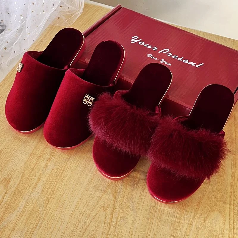 结婚拖鞋喜庆红色一对新婚陪嫁情侣厚底可外穿厚底男女晨袍鞋