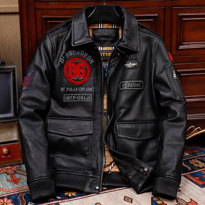 进口头层牛皮飞行服真皮皮衣翻领刺绣个性山羊皮夹克修身潮流修身