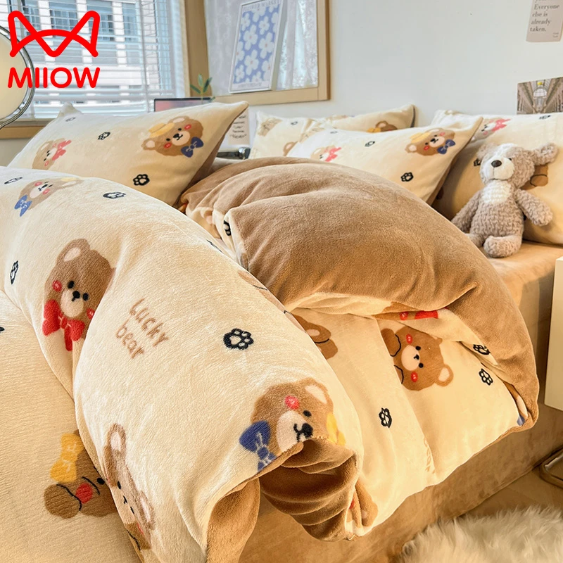 卡通牛奶绒四件套加厚珊瑚法兰绒双面绒床单被套三件套件床上用品