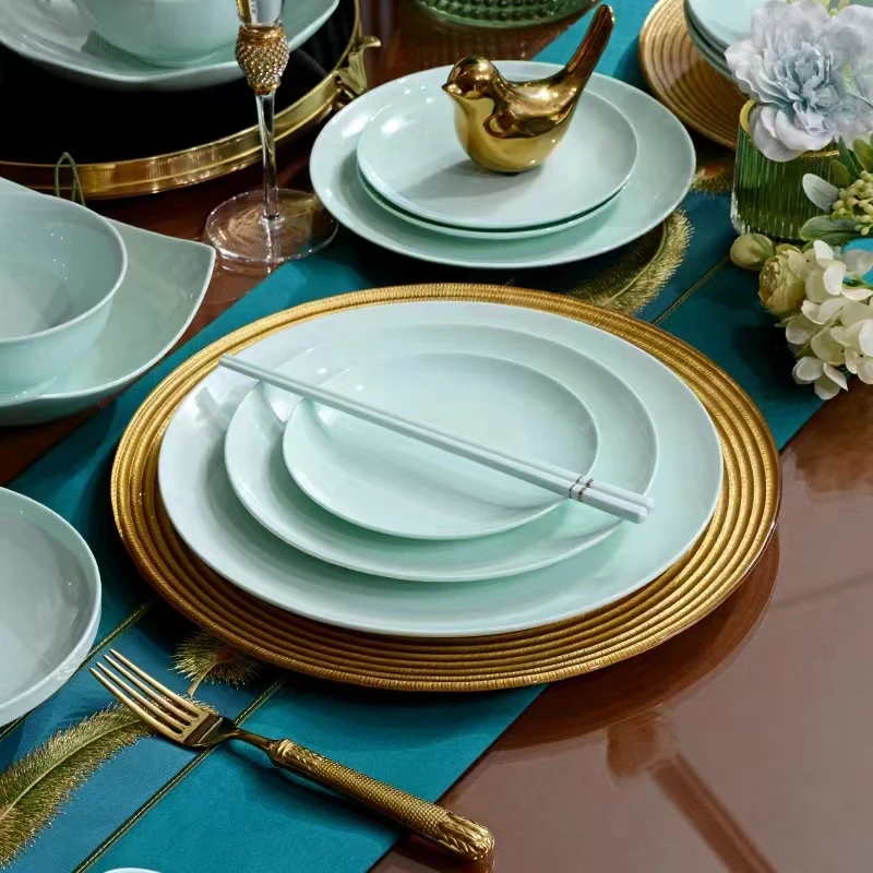 抗菌骨瓷青瓷月光平盘陶瓷家用碗高档饭碗碗盘餐具盘