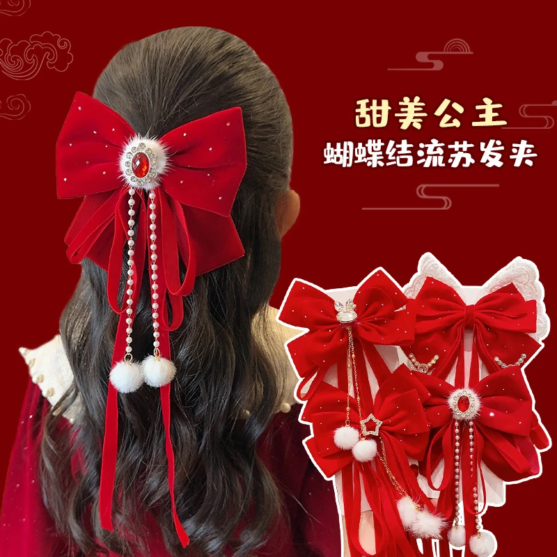 新年头饰儿童大蝴蝶结发夹女童春节喜庆红色宝宝过年国风发卡发饰