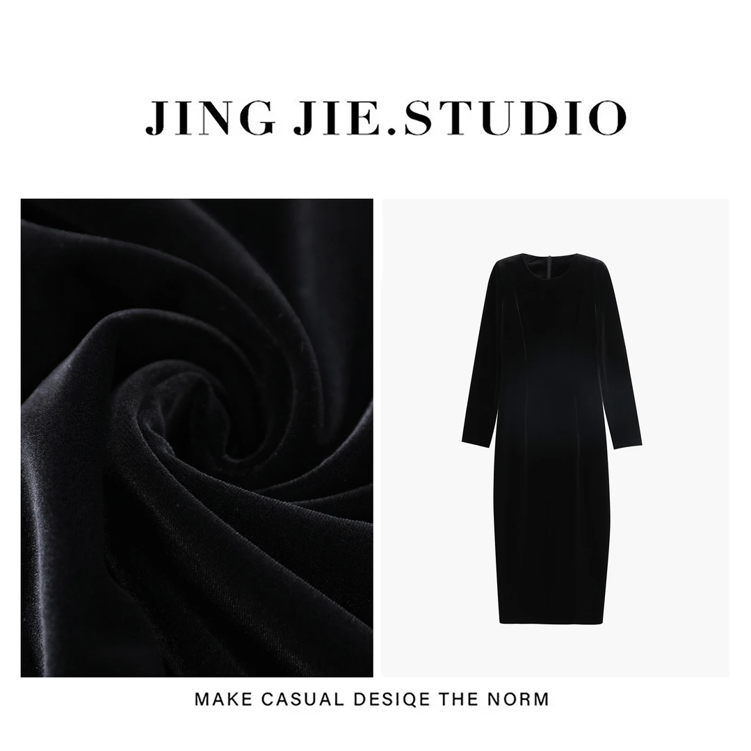【连衣裙】JINGJIE STUDIO敬姐 秋冬款轻奢时尚显瘦丝绒连衣裙 9596