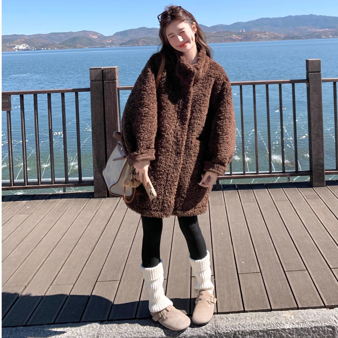 【瘦瘦专属】立领中长款宽松毛毛外套