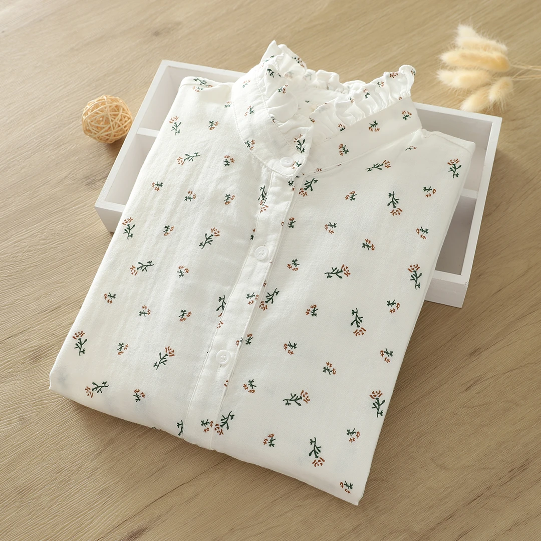 春秋宽松简约棉纱木耳领玫瑰印花长袖文艺衬衫百搭纯棉白色女衬衣