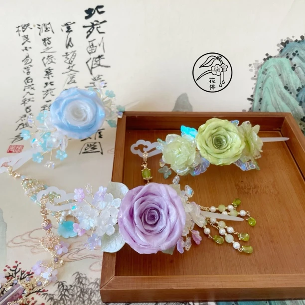花停原创永生花新款马尾扣 古风流苏仙气顶冠后压汉服配饰中式