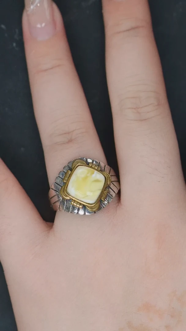 【闪购商品】琥珀裸石银S925镶嵌蜜蜡戒指