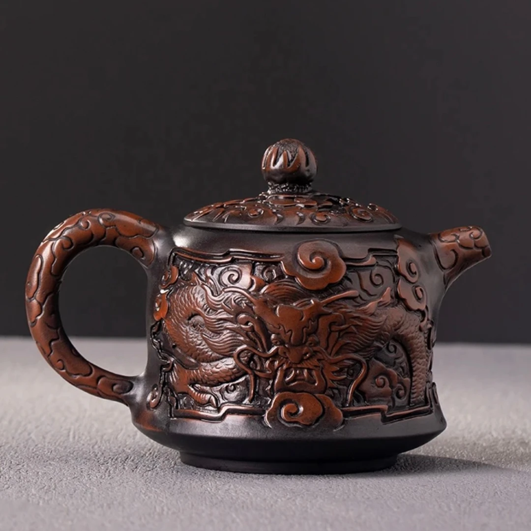 紫陶浮雕金钟龙壶200毫升家用复古大容量纯手工雕刻全手工