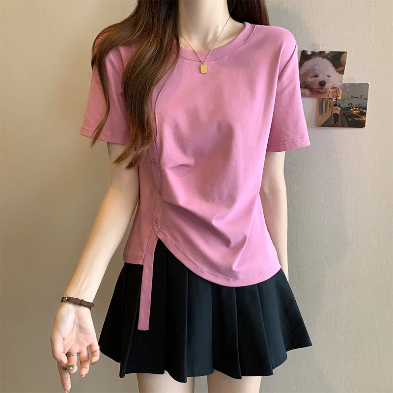 设计感粉色正肩短袖T恤女夏大码胖mm宽松显瘦遮肚不规则别致上衣