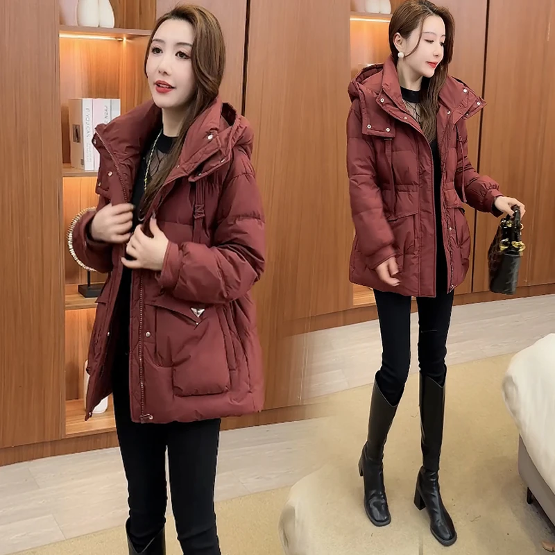 时尚中长款棉服女2024冬季新款洋气显瘦加厚保暖连帽棉衣外套潮