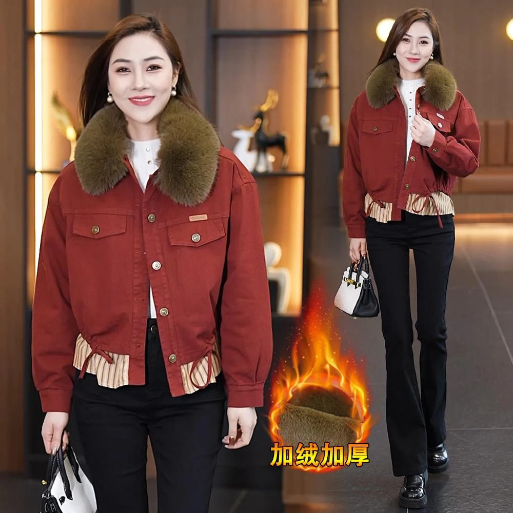 加绒加厚短外套女2024秋冬新款洋气宽松显瘦拼接休闲保暖夹克上衣