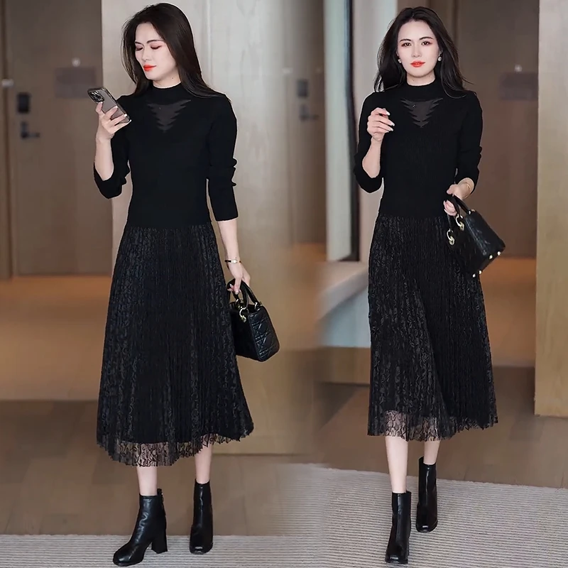 时尚针织连衣裙女2024秋冬新款洋气显瘦蕾丝拼接中长款打底裙子潮